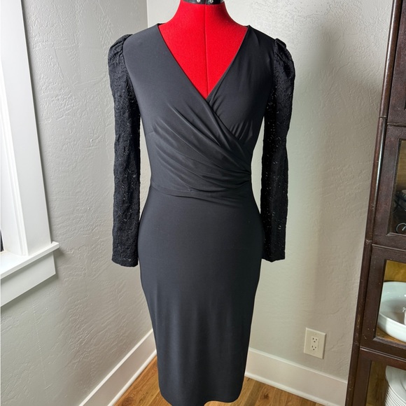 Ralph Lauren Dresses & Skirts - Lauren Ralph Lauren Black Wrap Sheath Dress Lace Long Sleeve Cocktail Size 0